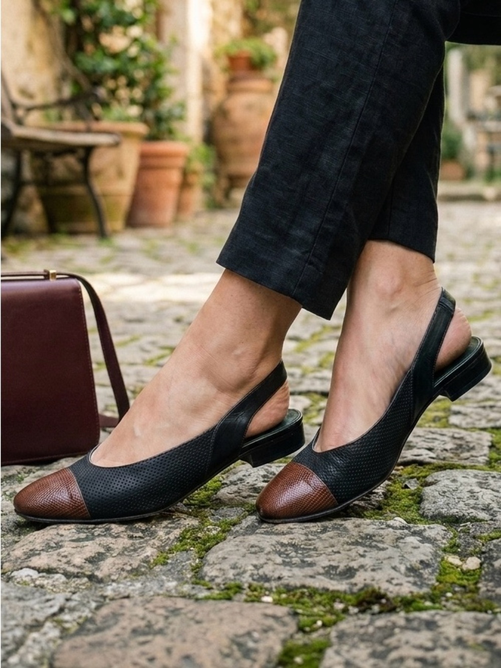 |VTG| 80s/90s COLE HAAN Made in Italy Slingback Flats 10.5 Black Brown Cap Toe
